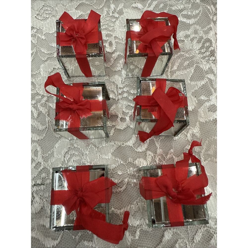 Vintage Small Mirrored Gift Box Present Christmas Ornament Red Ribbon 1.25”